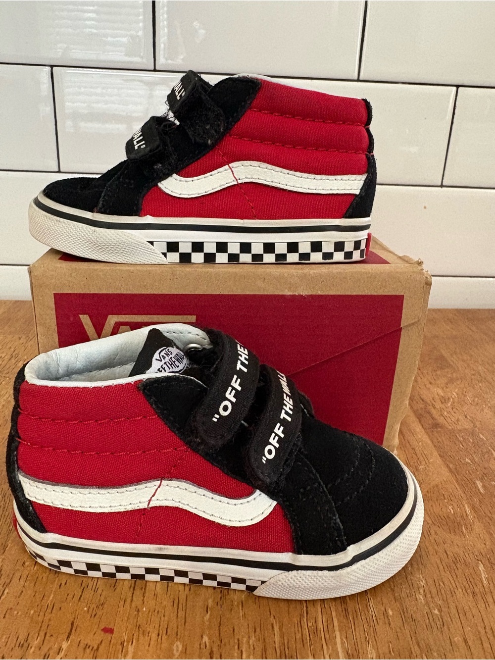 Vans Kids Black & Red High-Top Velcro Sneakers with Checkerboard Midsole